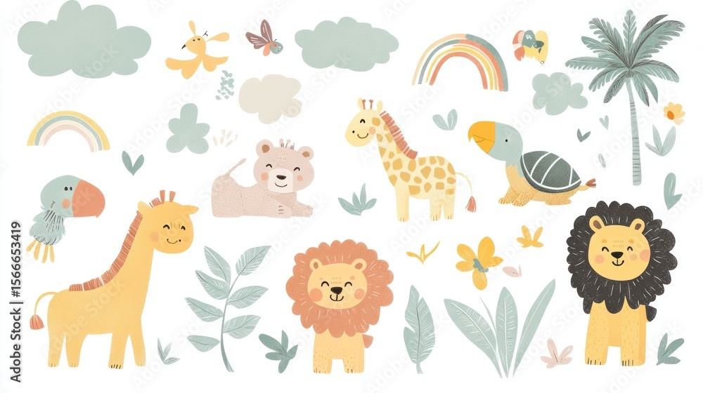 Obraz premium Cute watercolor-style baby animals and plants, isolated on white, arranged artfully
