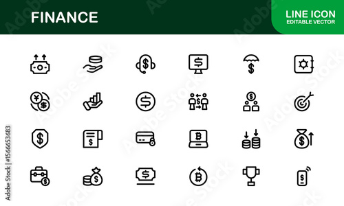 Finance Line Icon Pack – Clean, Minimal Outline Icons for Investment, Currency, Insurance, Banking, and Economic Business Operations