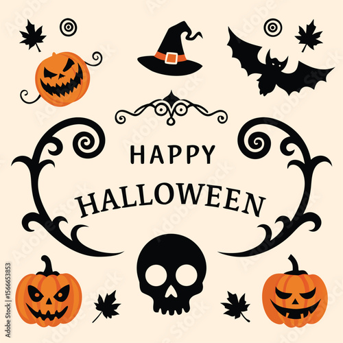 happy Halloween text and banner design and elements design  or ribbon set vector and illustration