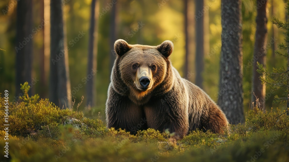 Fototapeta premium Brown bear relaxing in a sun-dappled forest clearing, nature's serene spectacle unfolds