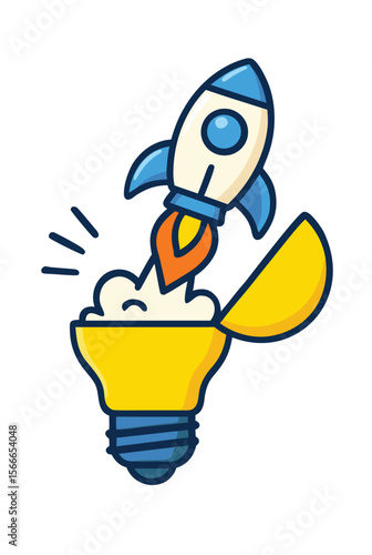 A whimsical vector illustration of a rocket escaping from a lightbulb as if it were a launchpad. Use a playful, cartoon style with bright colors, isolated on a white background