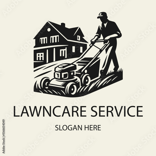 Black and white flat vector illustration of a lawn care logo. A man mowing grass in front of a house. Clean, minimal silhouette design for landscaping and gardening services.