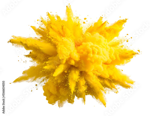A dynamic burst of vibrant yellow powder creates an energetic abstract explosion