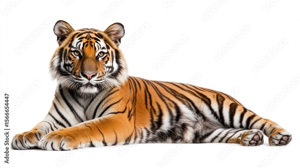 Obraz premium Bengal tiger lying down with orange fur and black stripes against a white background