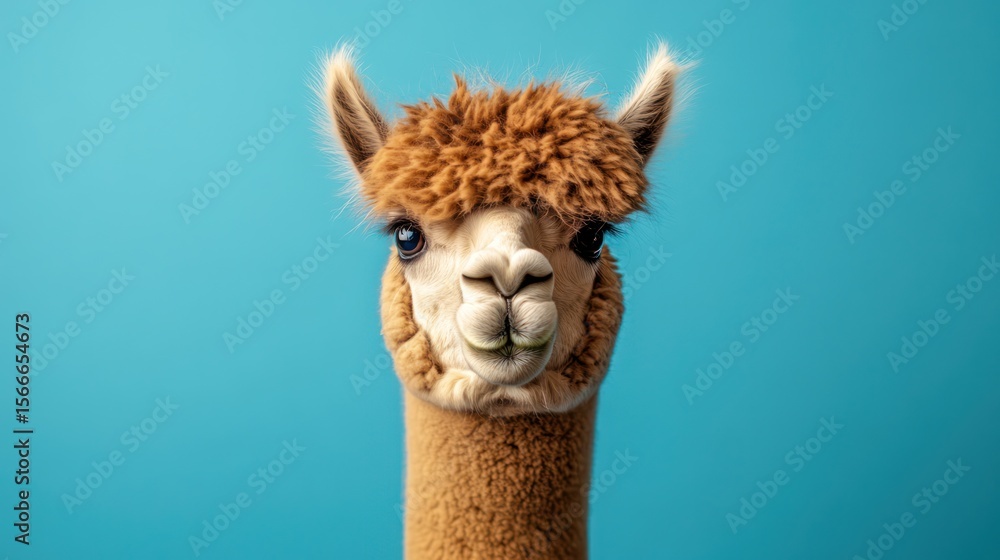 Obraz premium Headshot of a fluffy, caramel-colored alpaca with blue eyes against a teal background