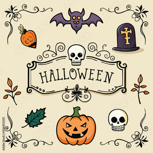 happy Halloween text and banner design and elements design  or ribbon set vector and illustration