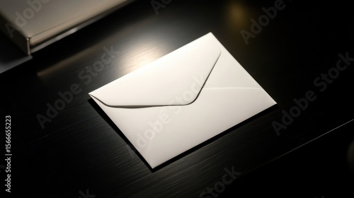 A single white envelope lies closed on a dark wooden surface, softly illuminated by overhead lighting, creating a contrast between light and shadow.