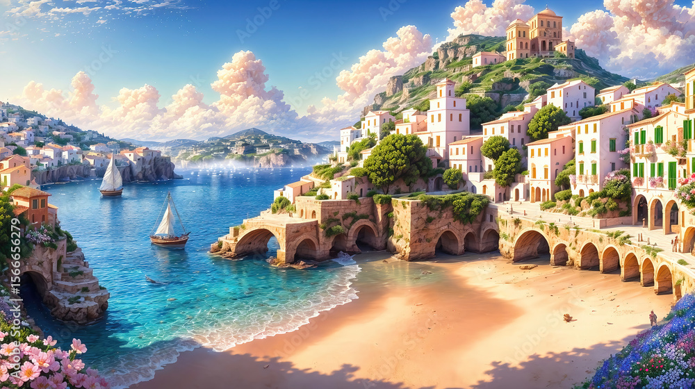 Fototapeta premium Oil painting of a small town on the Mediterranean Sea, mountains in the background, beautiful summer weather.