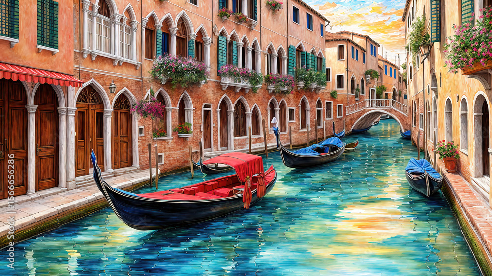 Obraz premium Venice canals with gondolas atmospheric landscape, oil painting style illustration