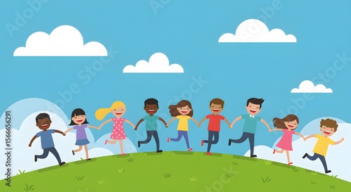 International Day of Friendship Diverse Group of Happy Children Holding Hands and Running on a Hill