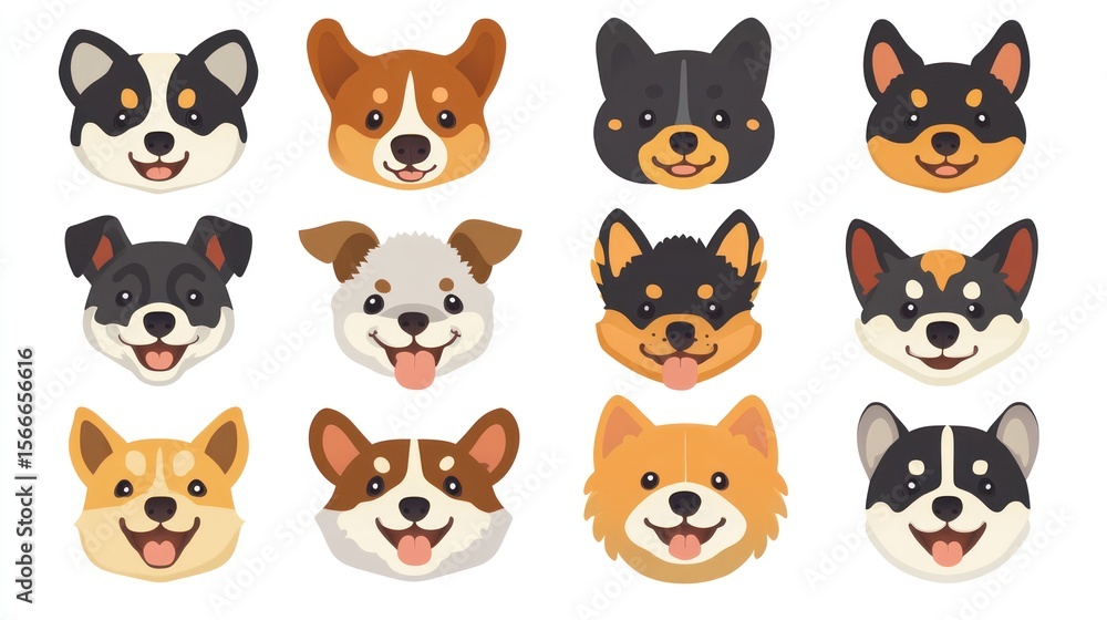 A set of 12 vector art dog heads, various breeds, smiling and friendly, isolated A set of 12 vector art dog heads, various breeds, smiling and friendly, isolated