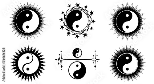 Collection of six yin yang symbols with varying designs including stars and burst patterns