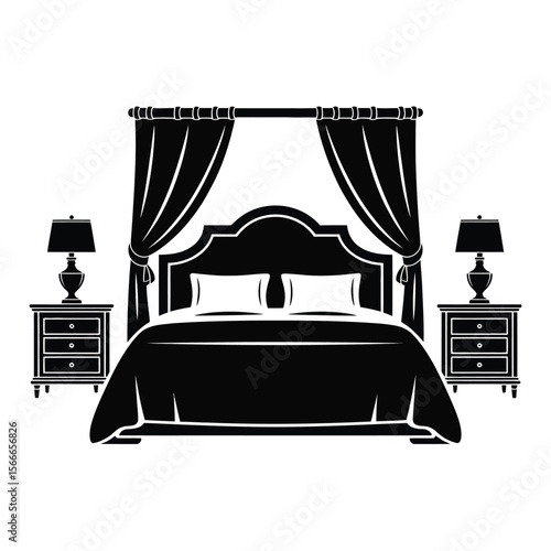 Elegant bedroom interior with a bed nightstands lamps and curtains