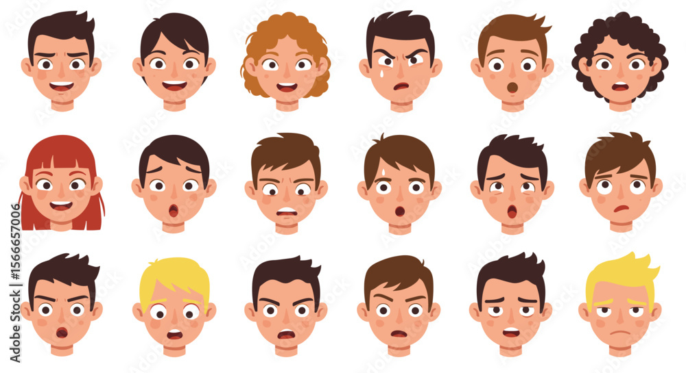 Collection of cartoon faces showing various emotions including happiness, anger, and surprise Collection of cartoon faces showing various emotions including happiness, anger, and surprise