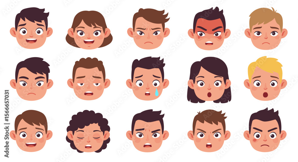 Illustration showing various human facial expressions including happiness, sadness, anger and surprise Illustration showing various human facial expressions including happiness, sadness, anger and surprise