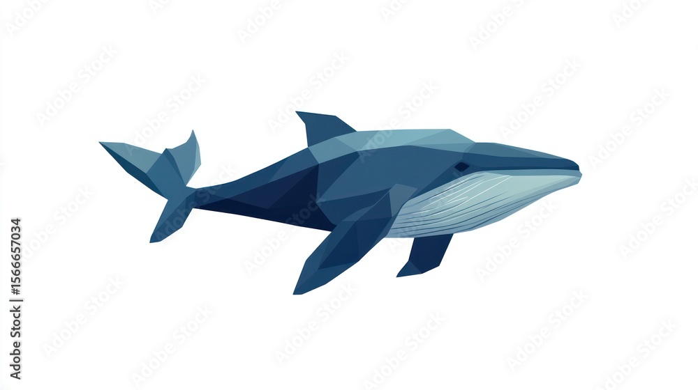 Fototapeta premium Low-poly blue whale graphic with polygon geometry, facing right on white ground