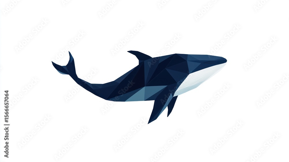Fototapeta premium Geometric whale illustration, in shades of blue, swimming left on a white background