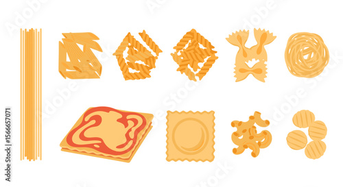 Illustration showing an assortment of different types of pasta shapes arranged on a white surface