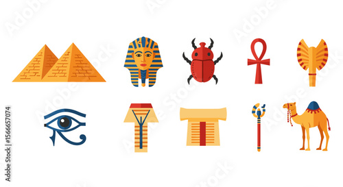 Illustration showcasing egyptian pyramids, pharaoh mask, scarab beetle, ankh, and other symbols