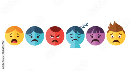 A collection of cartoon faces displaying different emotions including sadness anger and sleepiness