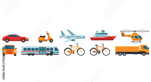 A collection of various modes of transportation including cars bikes and aircrafts in a row view