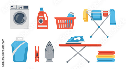 Illustration of laundry appliances and accessories including washing machine and ironing board