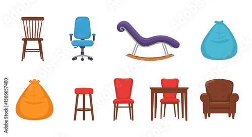 A collection of various types of chairs including wooden chairs office chairs and beanbag chairs