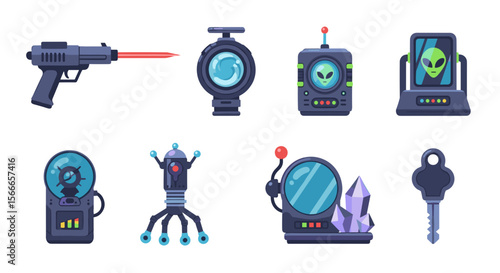 Illustration of alien technology devices including a ray gun, key, and alien communication devices