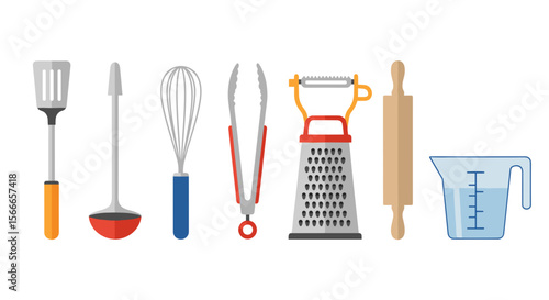 Illustration of kitchen utensils including a spatula ladle whisk tongs grater rolling pin and measuring cup