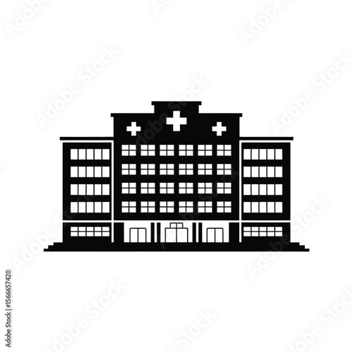 Modern hospital building icon with crosses on a white background