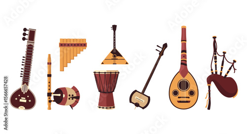 Illustration of various musical instruments including a sitar, pan flute, balalaika, and bagpipes