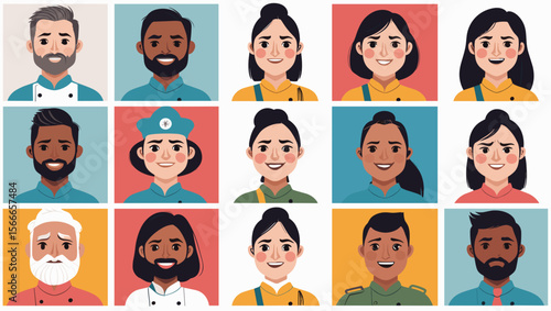 Diverse group of cartoon people in various professions with different ethnicities and genders