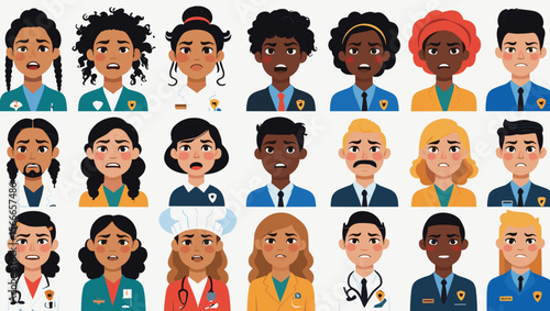 Collection of surprised cartoon characters representing various professions and ethnicities