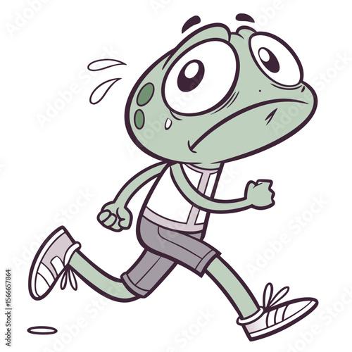 Cartoon frog character running with sad expression wearing athletic clothes and sneakers on white background