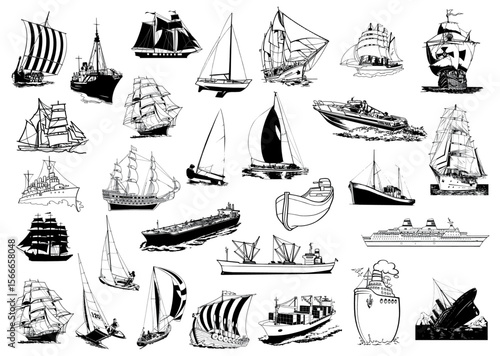 Nautical Vessels Sketch: A monochrome collection of various nautical vessels, ranging from classic sailing ships to modern motorboats, artfully sketched to evoke the spirit of the sea and exploration.