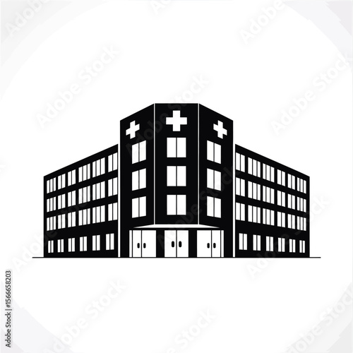 Modern hospital building with cross symbols and windows in black and white