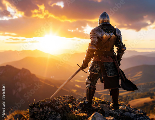 Legendary Sword on Hill with Armored Hero – Epic Fantasy Illustration