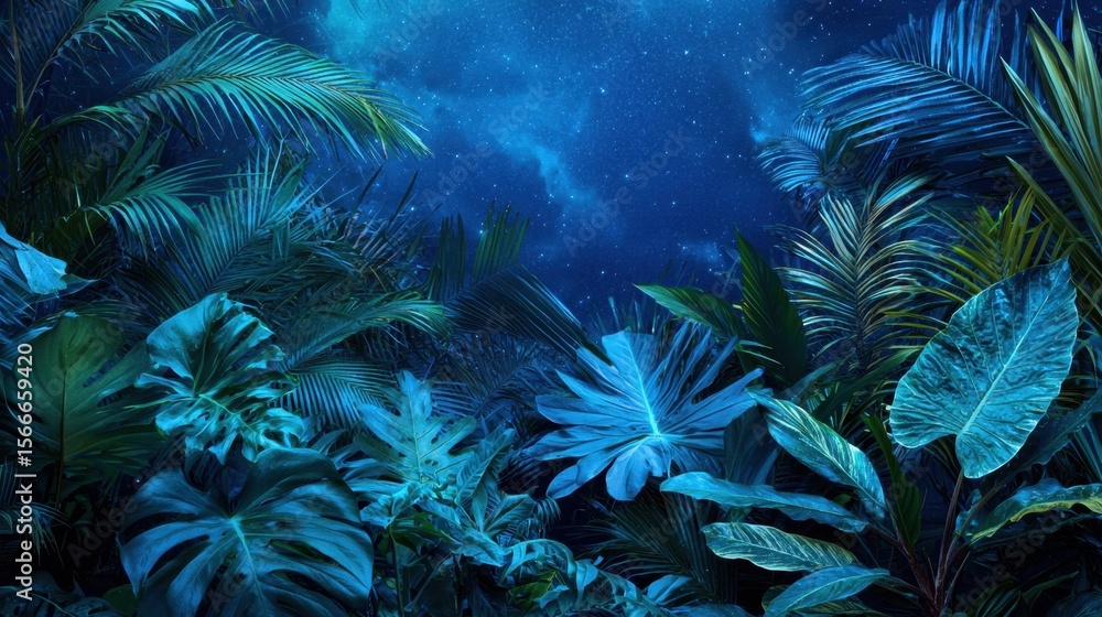 Obraz premium Lush green leaves of various tropical plants are illuminated by the soft glow of a starry night, creating a tranquil and enchanting atmosphere in the rainforest