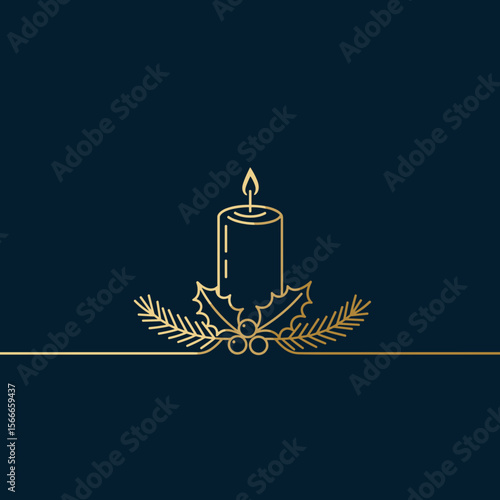 Gold candle with holly leaves on dark blue background  