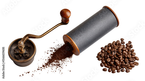 Coffee grinder with freshly ground coffee and beans, isolated on white background.