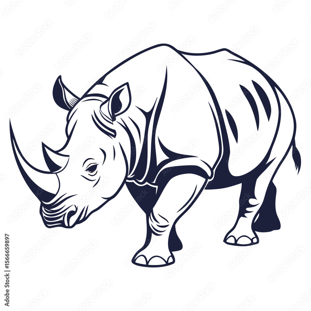 Fototapeta premium Dark blue rhino silhouette illustration on white background showing large horn and thick skin details