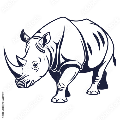 Dark blue rhino silhouette illustration on white background showing large horn and thick skin details