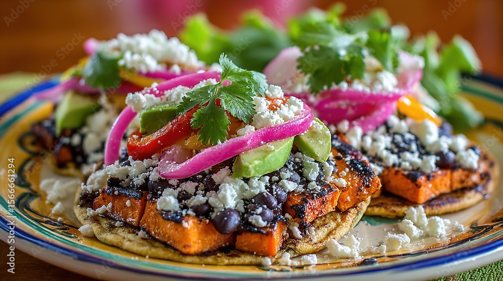 Vegetarian Tacos with Roasted Sweet Potato, Black Beans, Pickled Onions, and Cilantro Vegetarian Tacos with Roasted Sweet Potato, Black Beans, Pickled Onions, and Cilantro