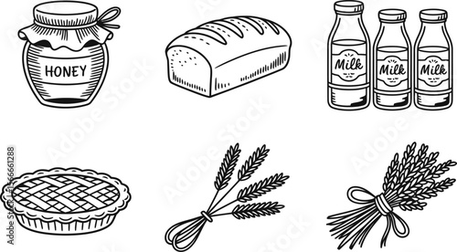 Black and White Line Drawing Honey Jar Bread Milk Pie Wheat