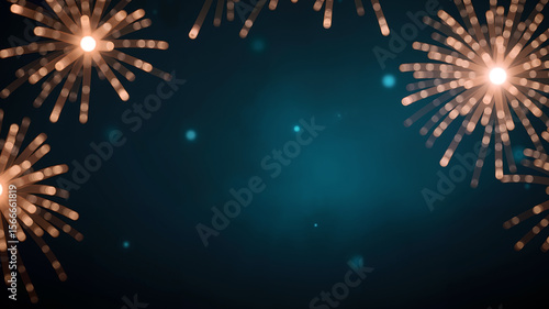Radiant golden and white fireworks burst in sharp focus, elegantly framing a dreamy, deep blue night sky with teal and orange bokeh. The central area remains clean for copy space.