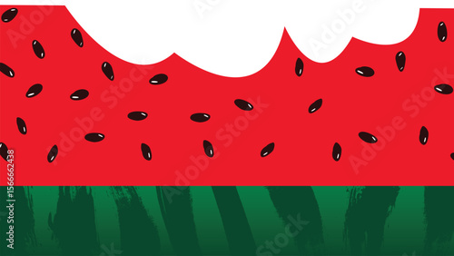 Vector illustration of a bitten watermelon slice with black seeds and a striped green rind, isolated on a transparent background