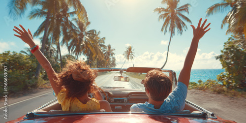 A joyous couple in a red convertible drives down a palm-lined coastal road with their arms enthusiastically raised, symbolizing freedom, summer adventure, and tropical vacation vibes