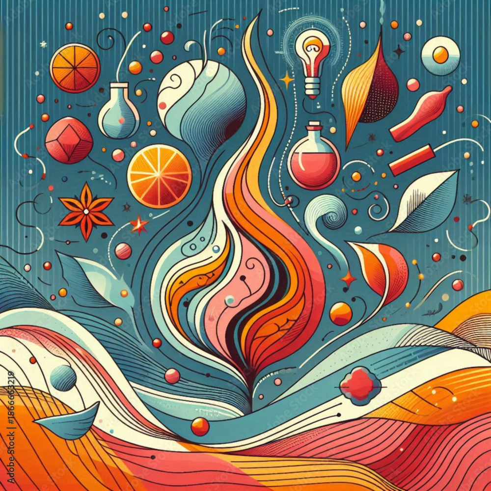 Fototapeta premium Vibrant abstract composition with swirling shapes, colorful spheres, and bottles on a blue background