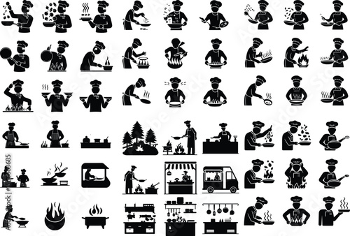 Kitchen Chef Silhouette Vector – Culinary Pan Illustration Icons Chef Holding Pan Silhouette Set – Cooking Icon Collection