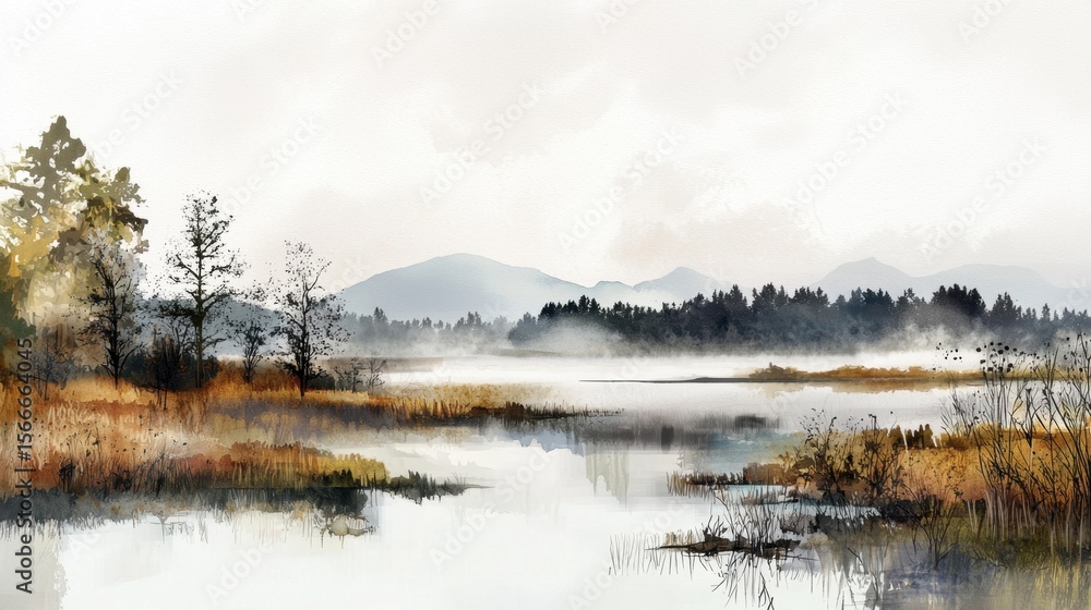 Fototapeta premium A painting of a lake with trees in the background